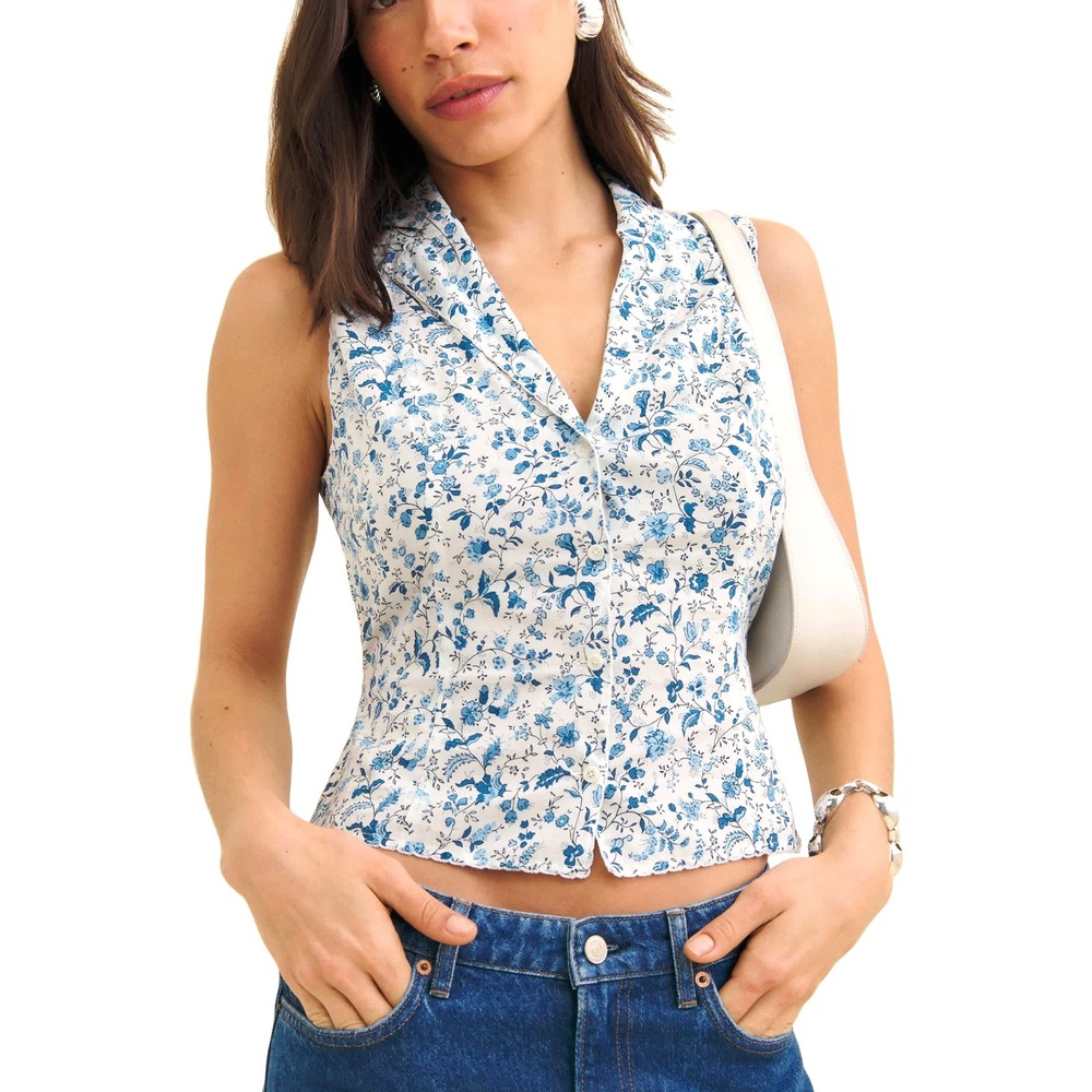 Reformation Kady sleeveless‎ scallop Top blouse Size 4 blue white